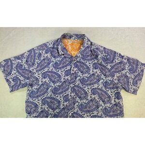 Steve Harvey Paisley Button Up Shirt XL Linen Blend Purple Blue Short Sleeve